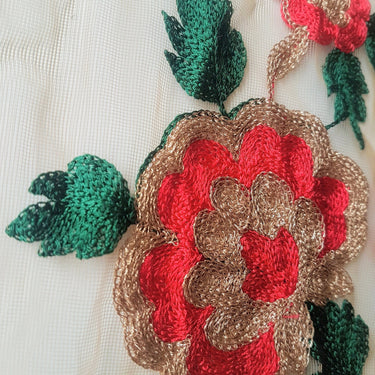 Beige Soft Net Lace Trim With Red, Green And Gold Floral Embroidery, Indian Trims